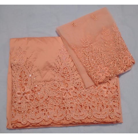 Peach White Pearls Beaded and Embroidered Indian Lace George with Blouse &ndash; 7 Yards