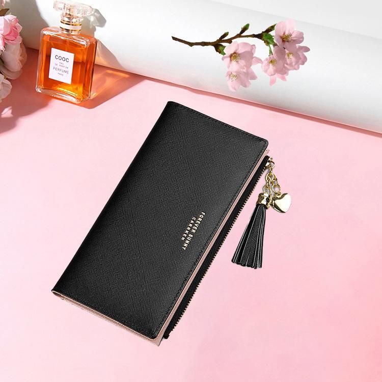 CarrKen long wallet female tassel cross pattern multi-card card bag zipper coin purse cross-border foreign trade wholesale black