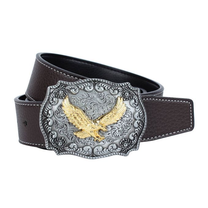 Mens Casual Eagle Arabesque Pattern American Leather Belt Coffee