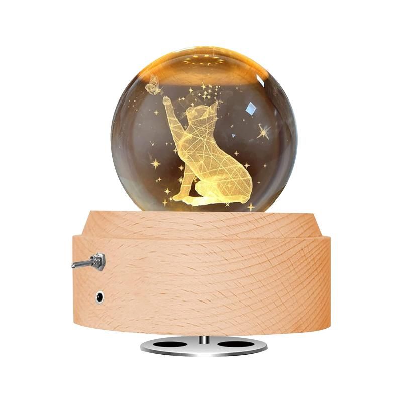 Fortune Cat Crystal Ball Music Box - LED Light (Wood Base)