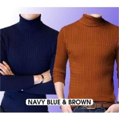 Turtle Neck Top - 2pcs - Navy Blue & Brown