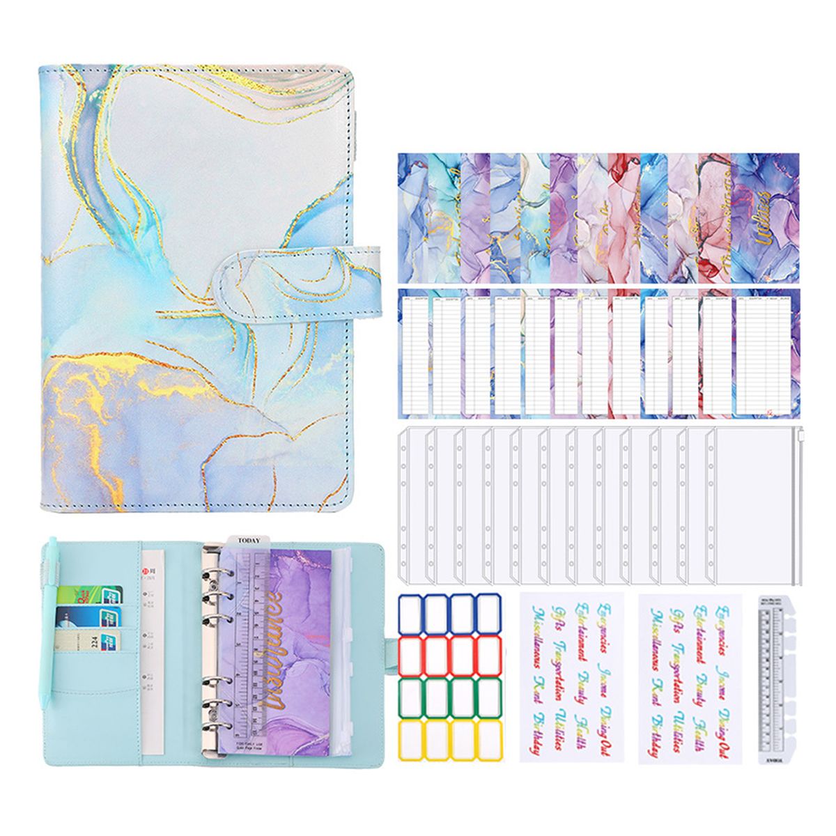A6 Budget Binder With Marble Pattern PU Leather Notebook
