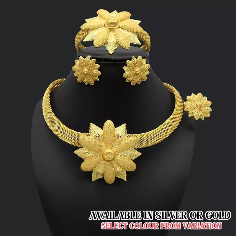 Dubai 24karat Plated Gold/Silver Flower Necklace Jewelry Set For Women Arabic African Bridal Party Wedding Gift Indian Choker Set