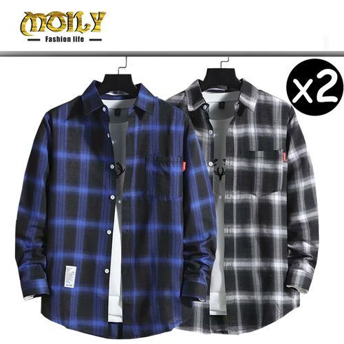 2 In 1 Fashion Men's Casual Sports Fashion Plaid Long Sleeve Shirt (blue- Black)
