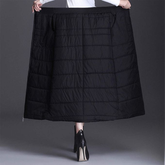 Women Down Cotton Skirt Long Skirt Zipper A-Line Black High Waist XL