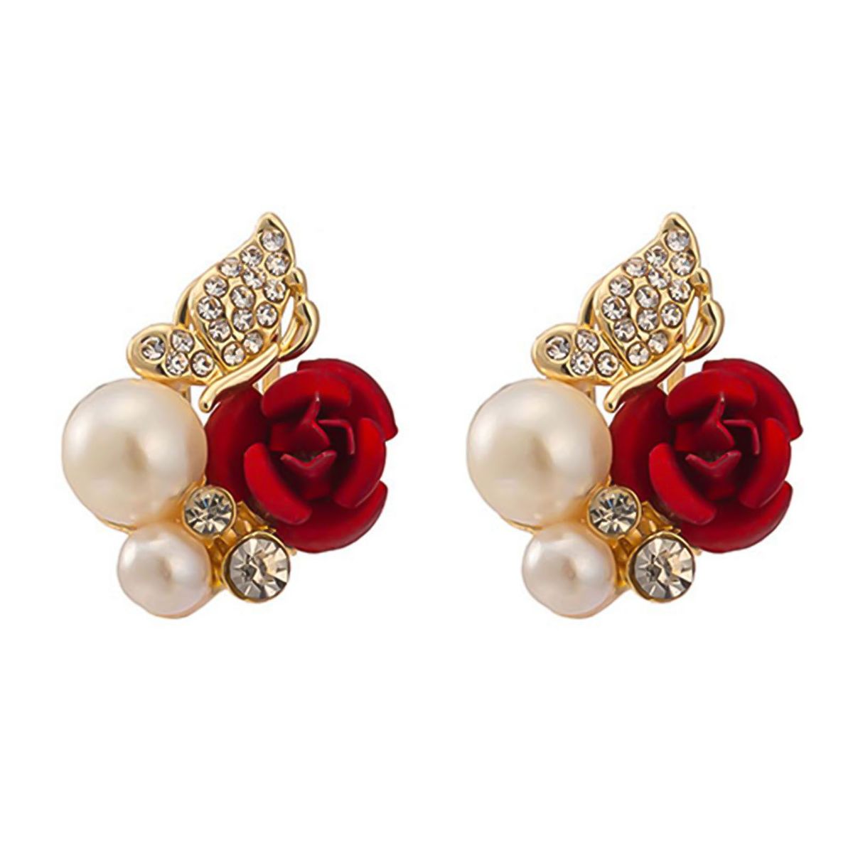 Earrings Red Rose Flower Faux Pearl Decor Exquisite Alloy-