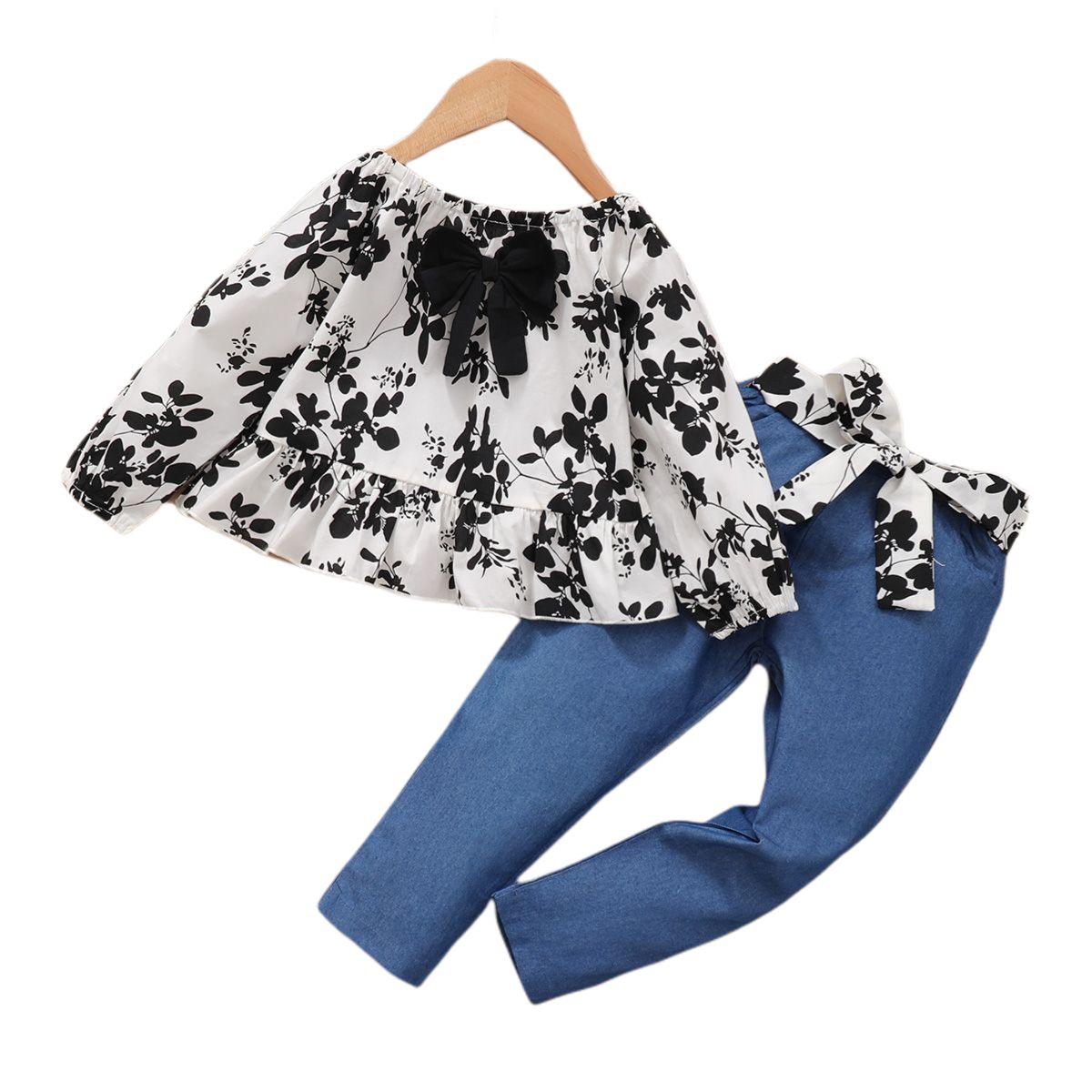 1-6 Years Child Girl Fashion 2PCS Outfit Set Floral Blouse + Blue Trousers