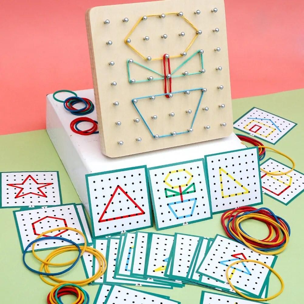 Wooden Toys Geoboard Mathematical Manipulative Block Pattern Cards Geo Board with Rubber Bands STEM Puzzle for Kids