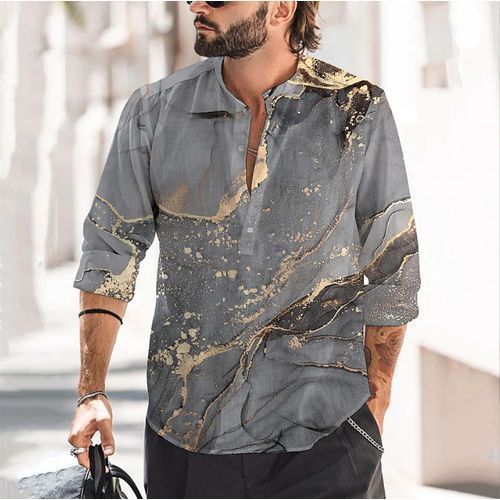 Men's Cotton And Linen Print Spring And Fall Casual Long-sleeved Shirt Open Collar