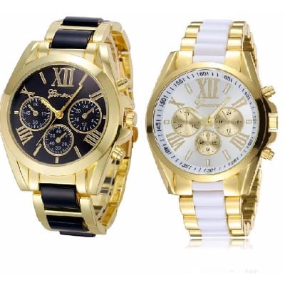 2 in 1 Exotic Fashion Matching Outfit Unisex Gold Tone Watch - Black & White