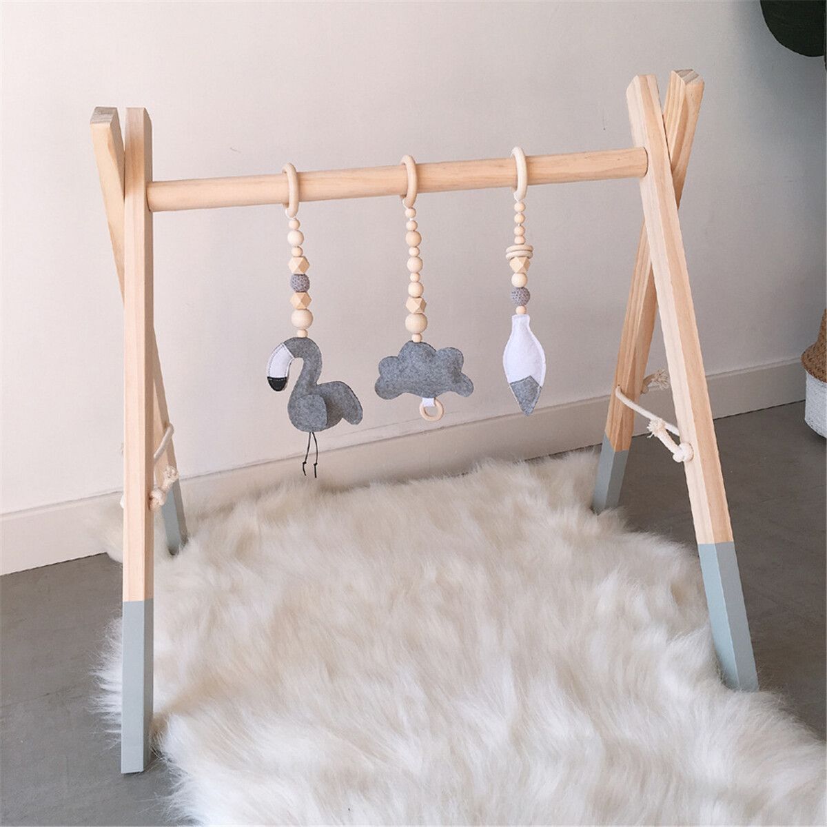 3Pcs Wooden Hanging Toys Play Stand Ornaments Nursery Fun Mobile Rack Activity Gym Gift For Baby Grey