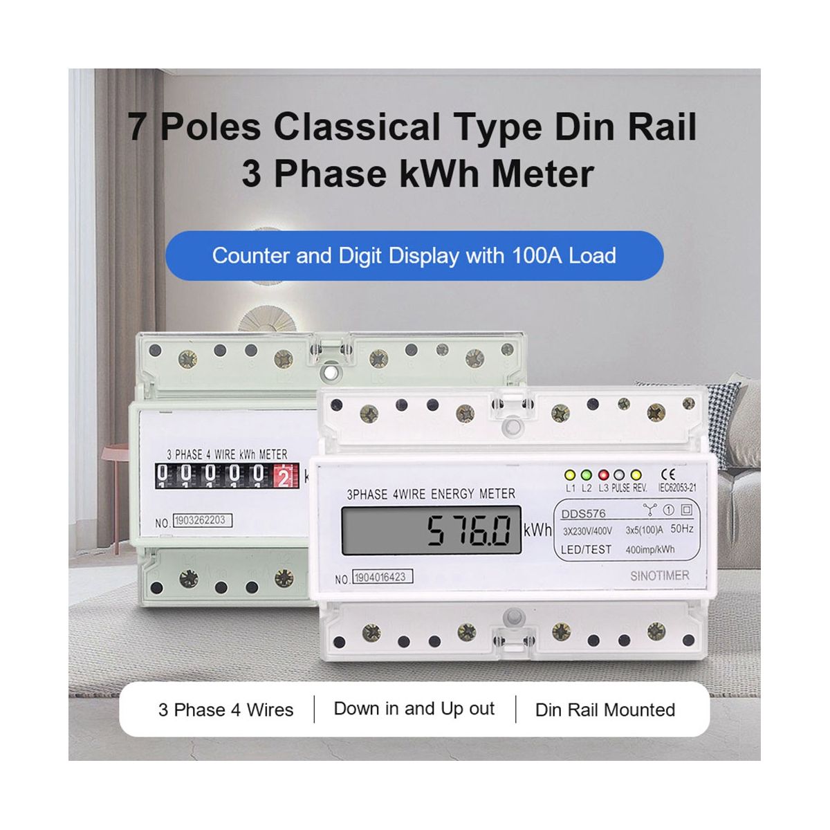 Three Phase 4 Wires Digital Power Electric Electricity Meter KWh Power Consumption Monitor DIN Rail Mount AC 380V 400V B