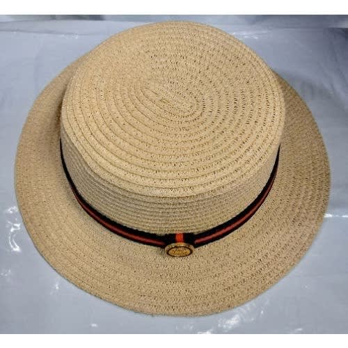 Straw Hat With Blue And Red Ribbon