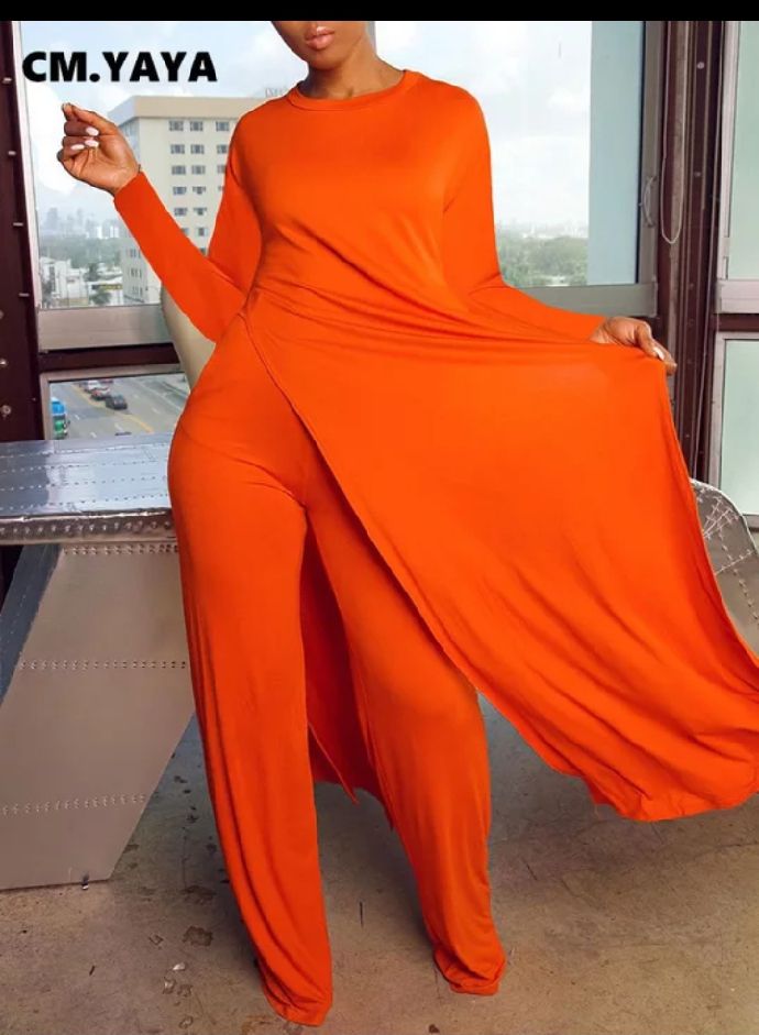 Chic Orange Long Sleeve Slit- 2piece