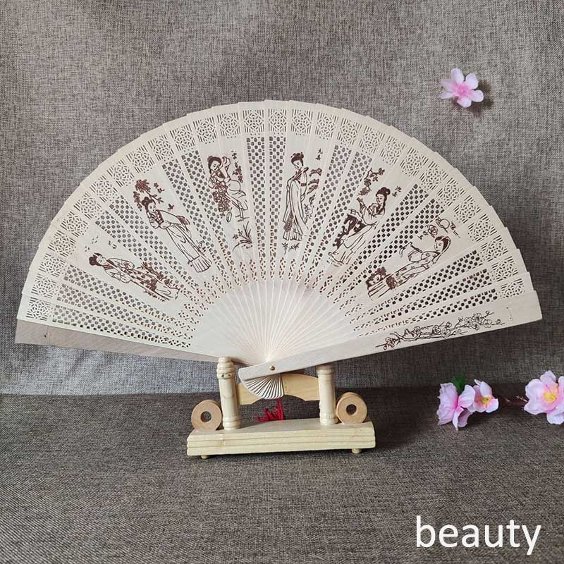 Printing Antique Folding Fan Chinese Decoration Style Craft 1Pcs Hollow Fans Carving Wood Lady Incense Vintage Hand-made Wood