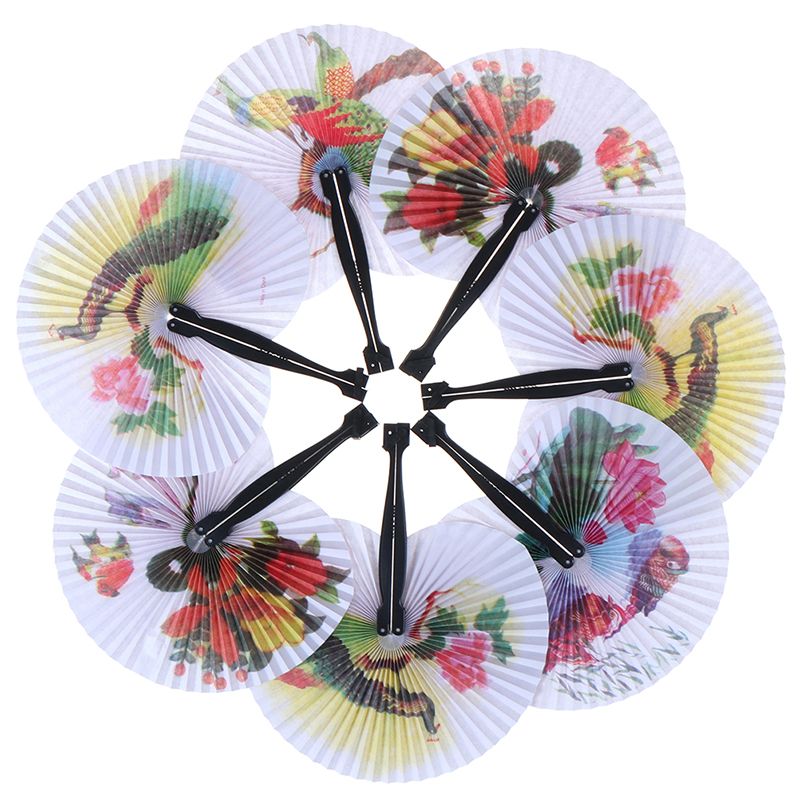 Chic Fan Hand Handheld Random Printed Circle Pocket Paper Fan Female Decor Round Decorative Fan Folding 1PCS Gift Party Chinese