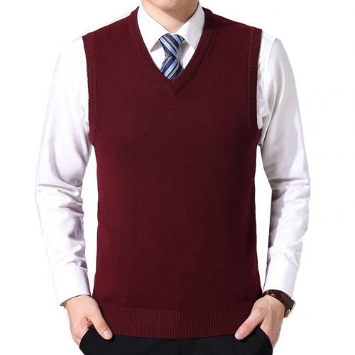 S!!! Men Casual Winter Solid Color V Neck Sleeveless Knitted Woolen Plus Size