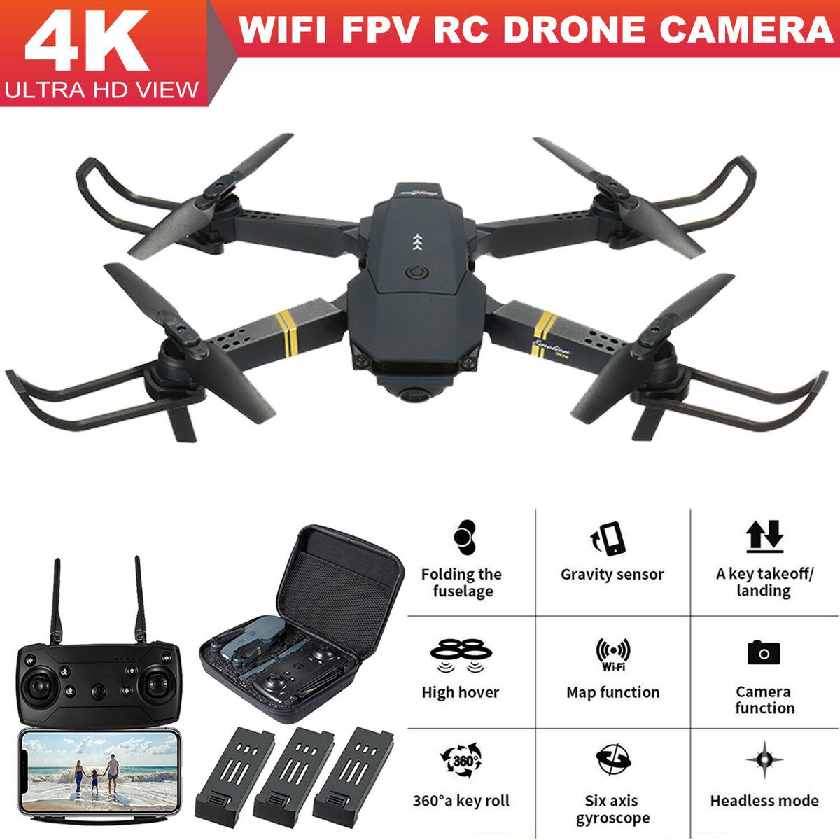 RC Drone WIFI FPV 4K HD Camera Foldable Selfie  Quadcopter