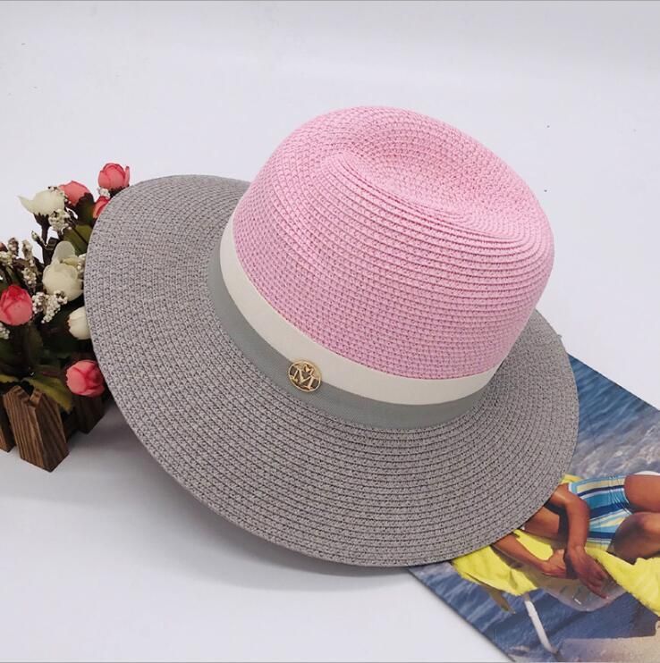 pink gold logo Summer patchwork fedora hats for women paper straw women's hats popular cool nice beautiful high quality paper fedora straw hats