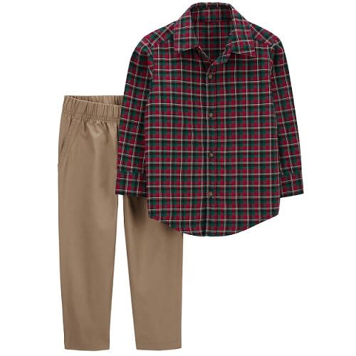 Plaid Button-front Top & Pant Set