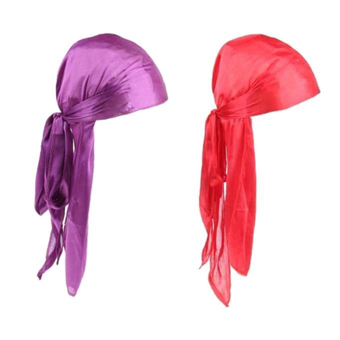 2pcs Mens Soft Silky Durag Bandana Turban Beanie Pirate Red+Purple