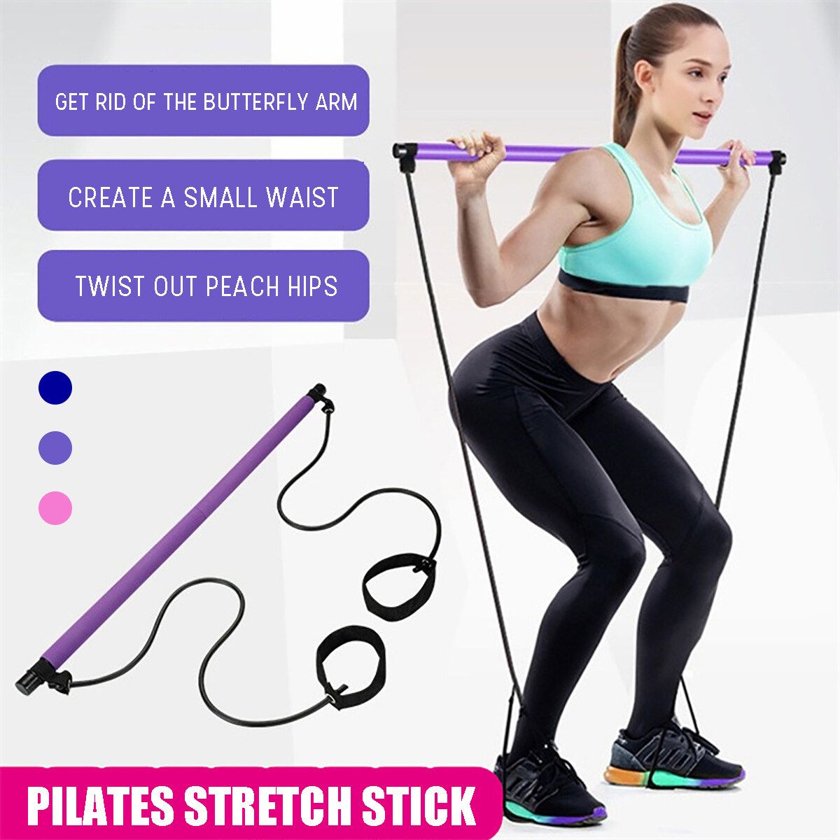 Portable Pilates Strength Rope Gym Stick Yoga Exercise Bar Pilates Train Rope Purple