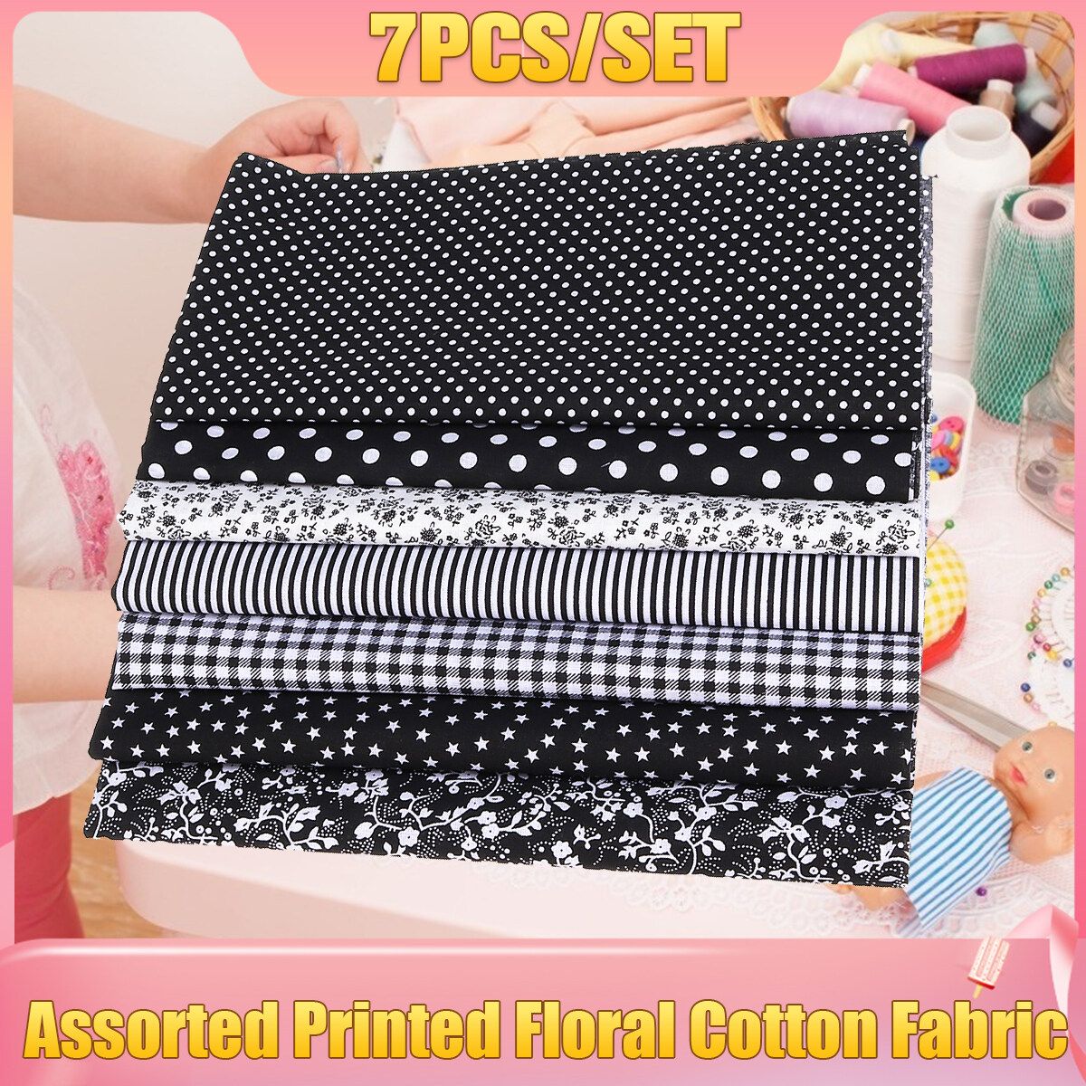 7Pcs/Set Black Quilting Floral 7 X Cotton Fabric Cloth DIY Craft Sewing Handmade 50x50cm