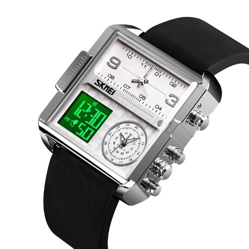 Men's Digital Sports Led Square Face Quartz Wrist Watch - Leather Strap - Black