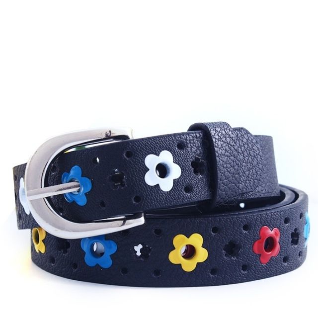 Flowers Pattern Hollow PU Leather Belt For Children(Black)