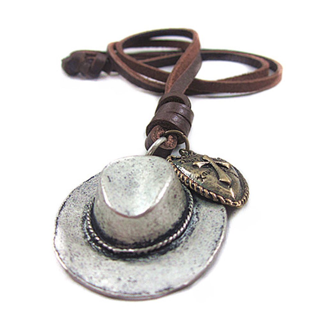 Mens Vintage Cowboy Hat Cross Heart Charm Pendant Leather Cord