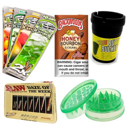 Combo: Backwoods, Car Ashtray, Mini Rolling Tray, Plastic Crusher, And 4 Double Platinum