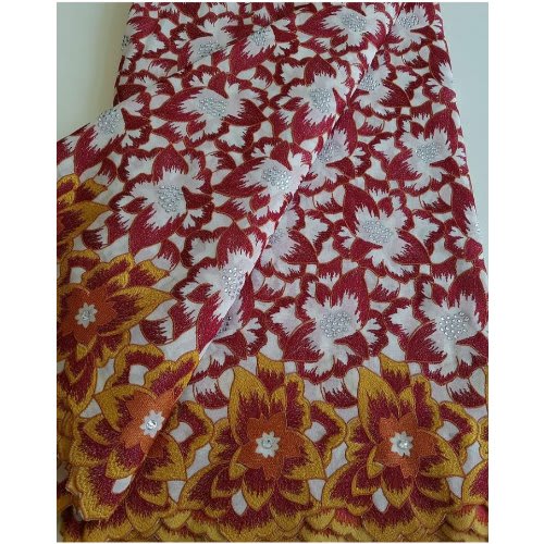 Brown Embroidery Stoned 5 Yard Lace Fabric