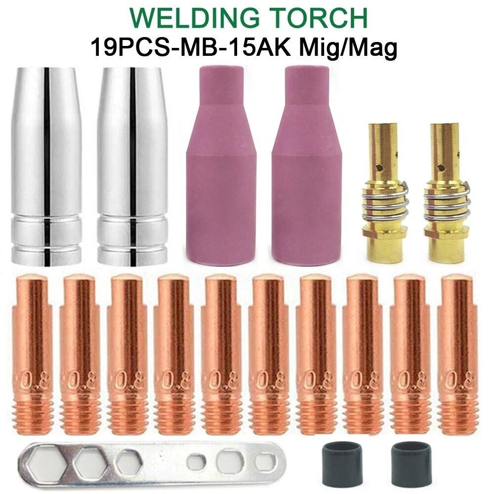 19Pcs 15AK For Binzel Torch Ceramic Nozzles Contact Tips Holders Mig Welder Consumable Accessories MB-15AK Mig Welding Torch
