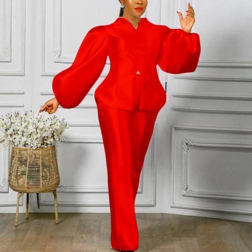 Women Two Pieces Set Long Lantern Sleeves Wide Leg Trousers Slim Red