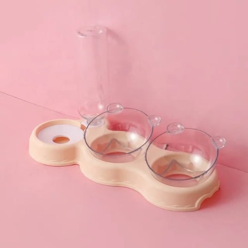 TD Double Food Bowls Auto Water Feeder Dispenser For Cat & Dog - Pink