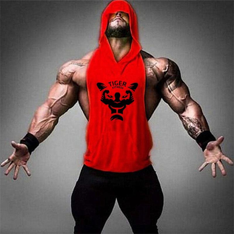 2019 Men Summer Gym Fitness Hooded Tank Top Fashion Mens Clothing Breathable Sleeveless Shirts Men GYM Bodybuilding Tanktop(#red Logo Black) SHA