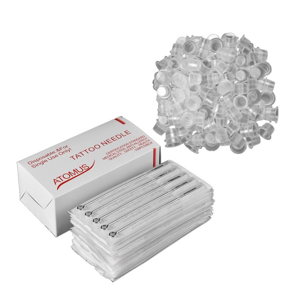 Atomus Tattoo Needles & Cups Set 100pcs Disposable Mixed Tattoo Needles & 100pcs Tattoo Ink Cups Medium Size Includes 3RL/ 5RL / 7RL / 9RL / 3RS / 5RS / 7RS / 9RS / 5M1 / 7M1 Tattoo Needles