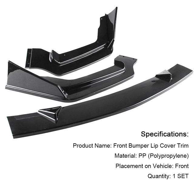 3pcs Front Bumper Bright Black Pp Chin Lip Spoiler Trim For
