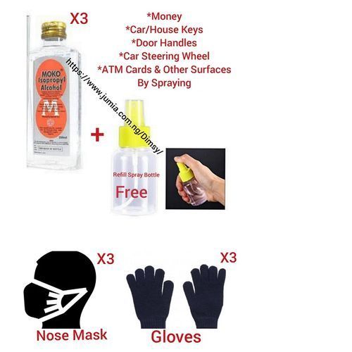 3pcs Isopropyl Methylated Spirit Disinfectant +1 Free Spray Bottle + 3 Reusable Gloves & 3 Nose Masks