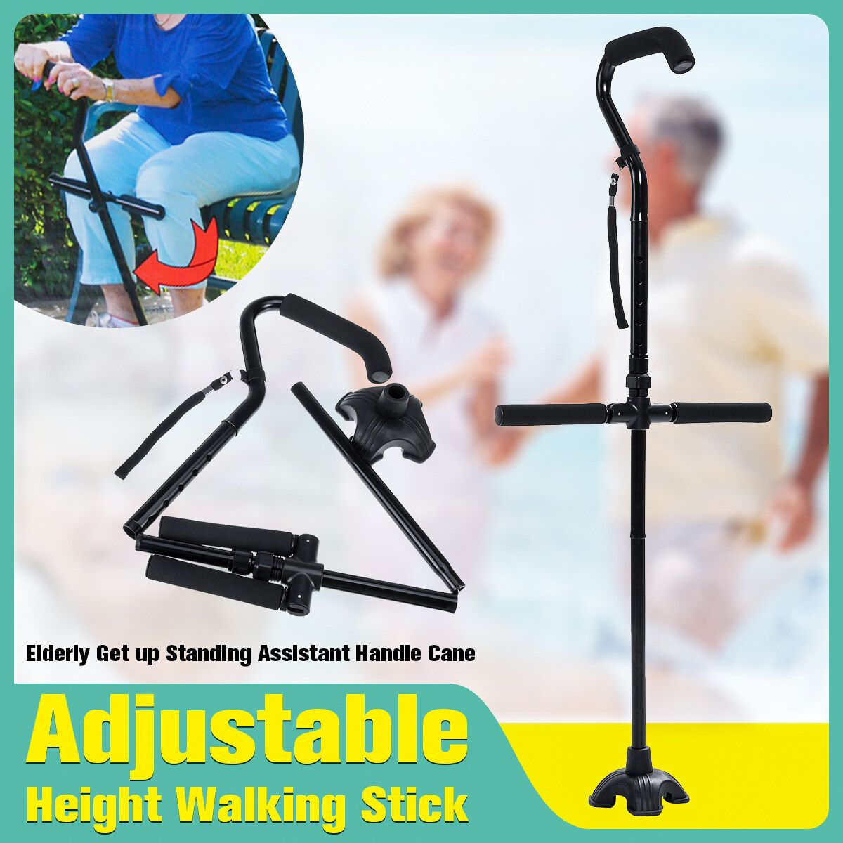 Adjustable Height Walking Stick Elderly Get Up Standing Assistant Handle Cane !