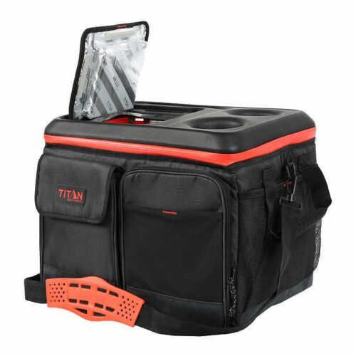 Titan 50-Can Collapsible Cooler Tabletop & 2 Drink Holders Lid -Black & Orange