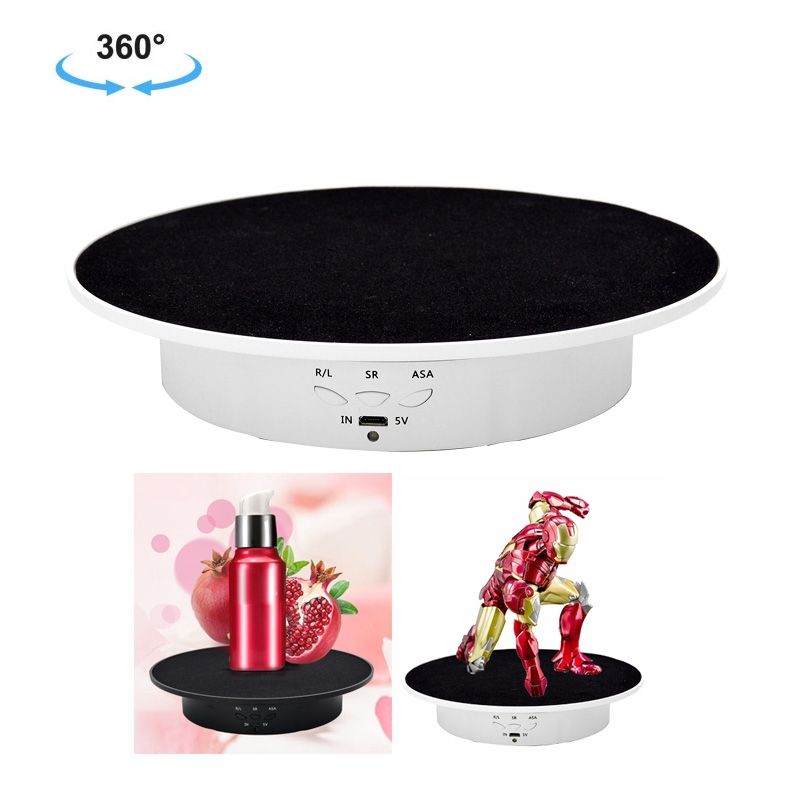 20cm USB Electric Rotating Turntable Display Stand Video Shooting Props Turntable For Photography, Load: 8kg(White Base Black Velvet)