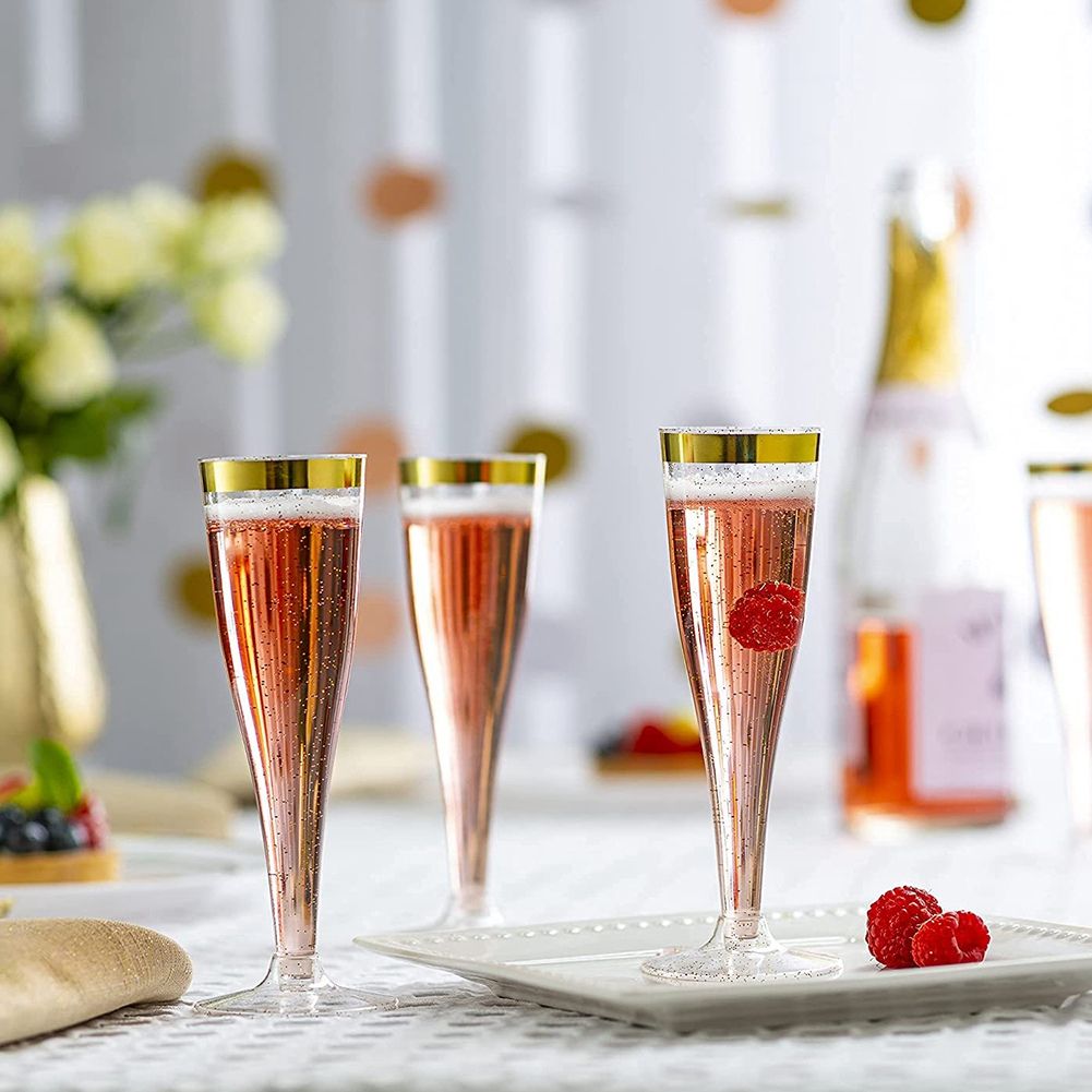Plastic Champagne Flutes With Gold Glitter And Gold Rim