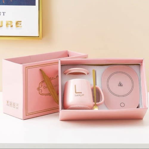 Ceramic Coffee Mug With Cover And Teaspoon - Pink