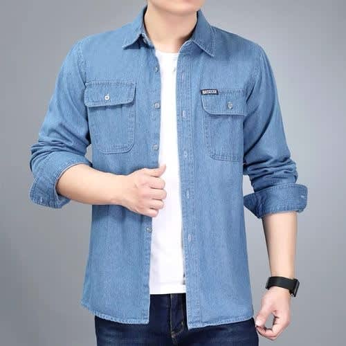 Mens Autumn Jean Casual Slim Fit Denim Cotton Long Sleeve Shirts 2