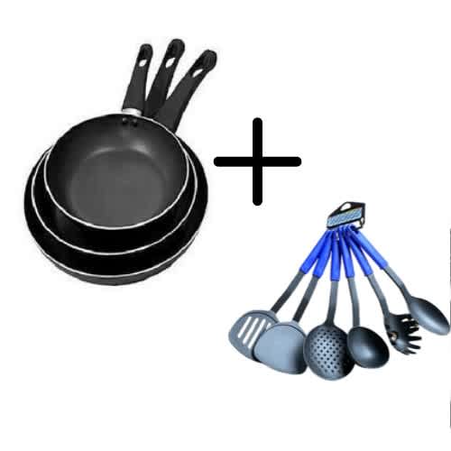 3-pcs Non-stick Fry Pan(20, 22 And 24cm) + 6-pcs Non-stick Spoon Set