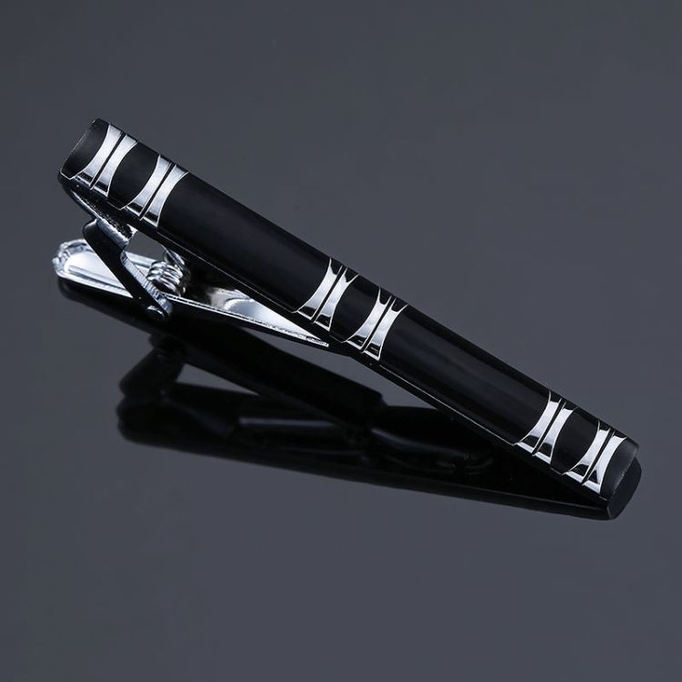 2 PCS Brass Polished Men Tie Clip, Color: Black Silver Strip