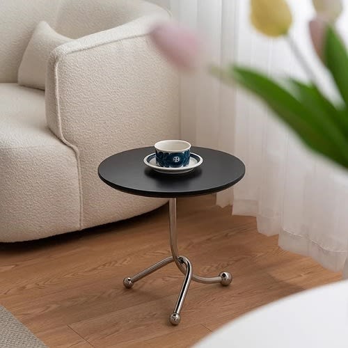 Round Coffee Side Table With Metal Base And Wooden Top