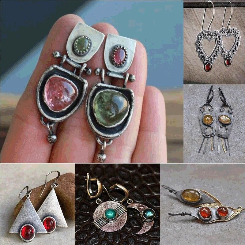 2022 New Ethnic Style Geometric Oval Two Tone Crystal Pink Green Resin Stone Cute Pendant Earrings Women's Girls Jewelry