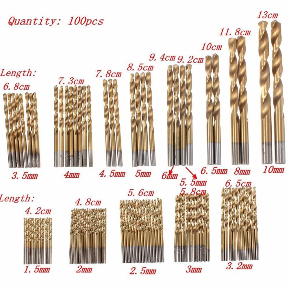 100PCS Titanium Coated Metal HSS High Speed Steel Drill Bit Set 1.5mm-10mm Kit